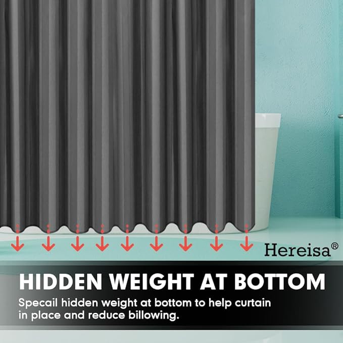 Strip Grey Fabric Shower Curtain with Magnets - 85 GSM Heavy Duty Waterproof Bath Curtain, 12 Reinforced Metal Grommets (72x72 Inches)