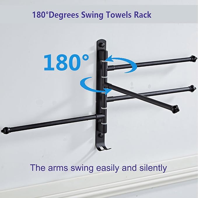 Black Towel Rack Swivel Hanger Towel Bar for Bathrrom Wall Mounted Drying Rack Space Saving Storage Organizer Hanging Holder 12Inch (Stainless Steel, Black 3-Arm)