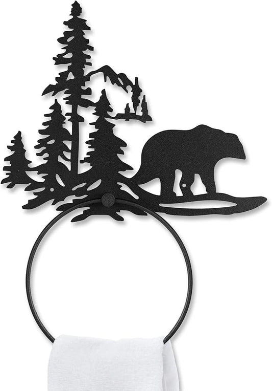 Funrous Bear Towel Ring for Bathroom Matte Black Hand Towel Holder Hardware Cabin Hand Cloth Ring Rustic Bathroom Facecloth Holders Wall Mount Round Washcloth Racks for Bath Kitchen Decor