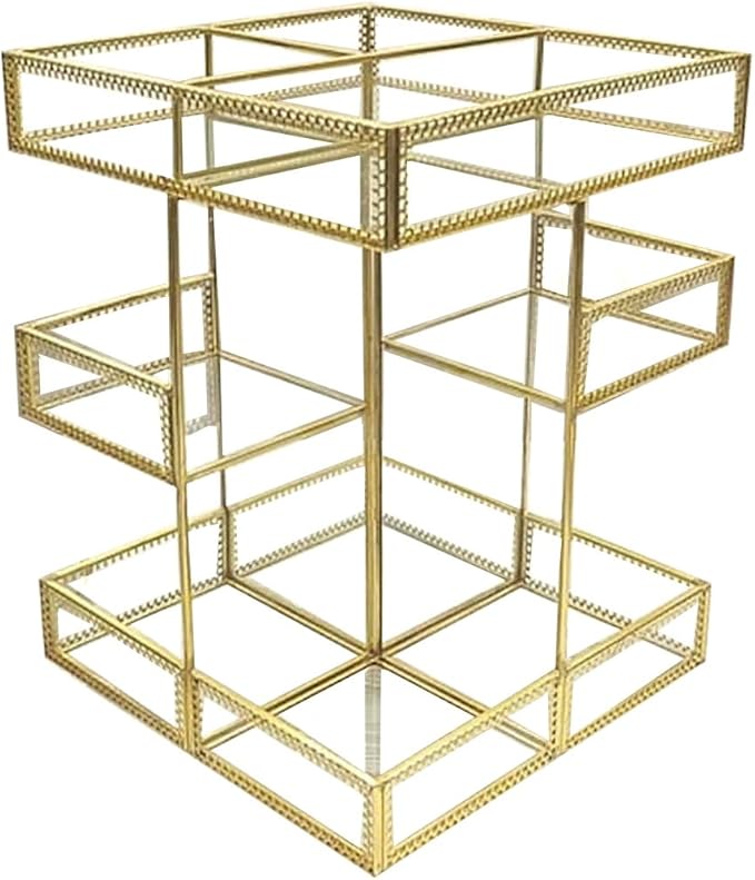 Hersoo 360 Degree Rotation Makeup Organizer Antique Countertop Cosmetic Storage Box Mirror Glass Beauty Display, Gold Spin Large Capacity Holder for Brushes Lipsticks Skincare Toner
