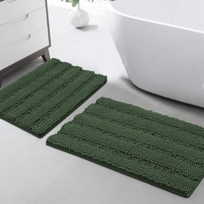 Turquoize Chenille Bathroom Rugs Set - Non-Slip Bath Mats for Bathroom Floor, Kitchen/Entryway (20" x 32" and 17" x 24"), Bronze Green