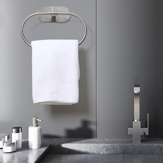 HouseAid Self Adhesive Towel Ring for Bathroom, Stainless Steel Adhesive Hand Towel Holder, No Drilling Modern Hand Towel Hanger, Brushed Nickel