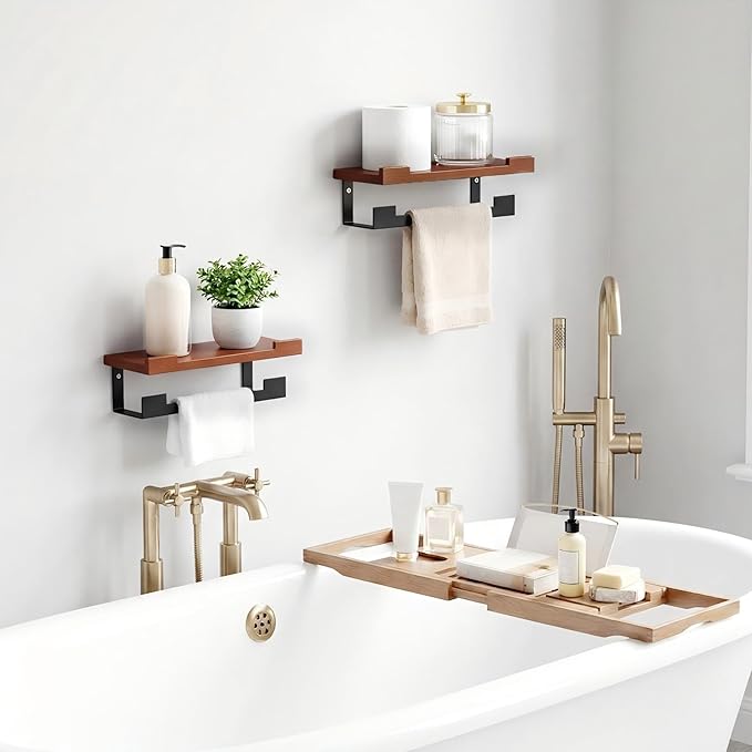 2 Pack Hand Towel Holder/Towel Ring with Wooden Shelf, 9.3 Inch Metal Bath Accessories Wall Mounted Household Decor Hand Towel Hanger for Bathroom Washroom Living Room