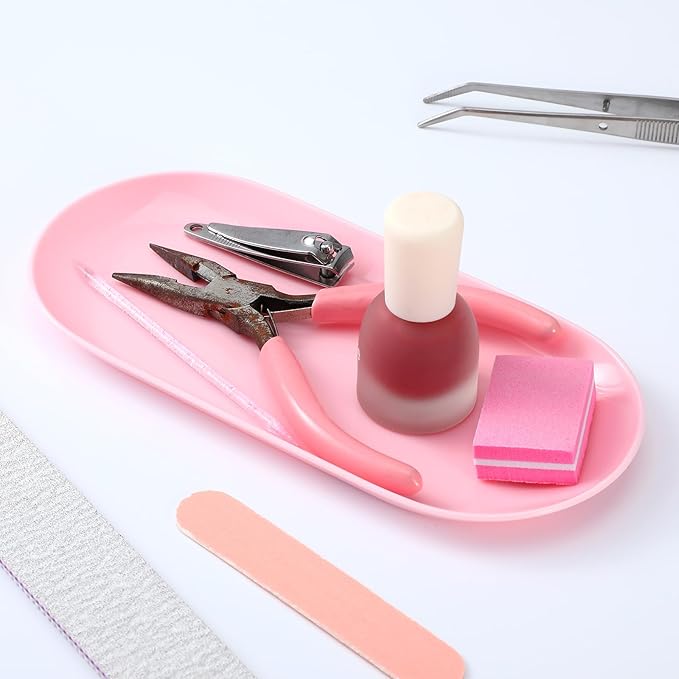 SynHHergyx Pink Nail Tray Oval Plastic Nail Art Dish Manicure Tool Tray Display Jewelry Organizer Trays for Nails Tools, Jewelry Storage, Bathroom Vanity, Countertop Decor, Small Decorative Plate