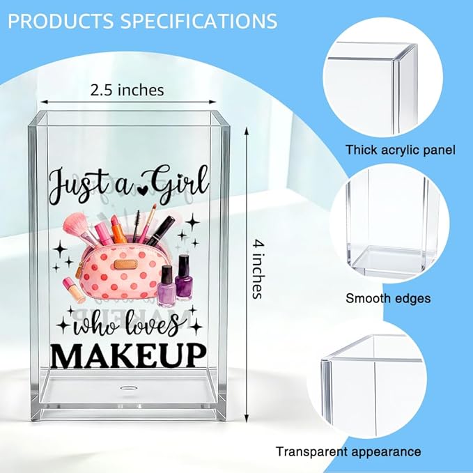 Just A Girl Who Loves Makeup Acrylic Makeup Brush Organizer Holder, Women Vanity Storage Accessory, Back to School Graduation Gifts for Daughter Niece Sister, Birthday Gifts for Make up Lover