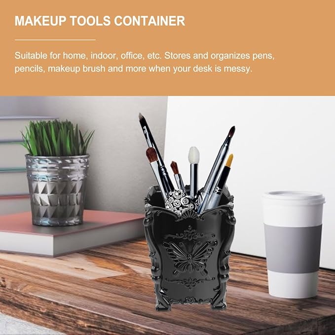 FRCOLOR Acrylic Makeup Brush Pot Cosmetic Brush Holder Organizer Butterfly Decor Pencil Pen Container Black