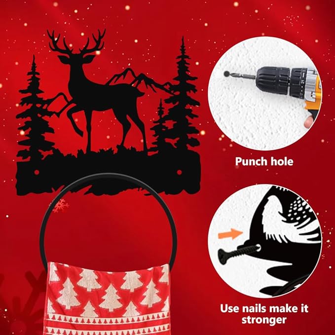 MAYJOYDIY Deer Metal Towel Ring Forest Animal Mountain Towel Holder Bath Towel Ring Wall Mounted Metal Towel Rack for Bathroom Kitchen Towel Hanger Home Decors Gift