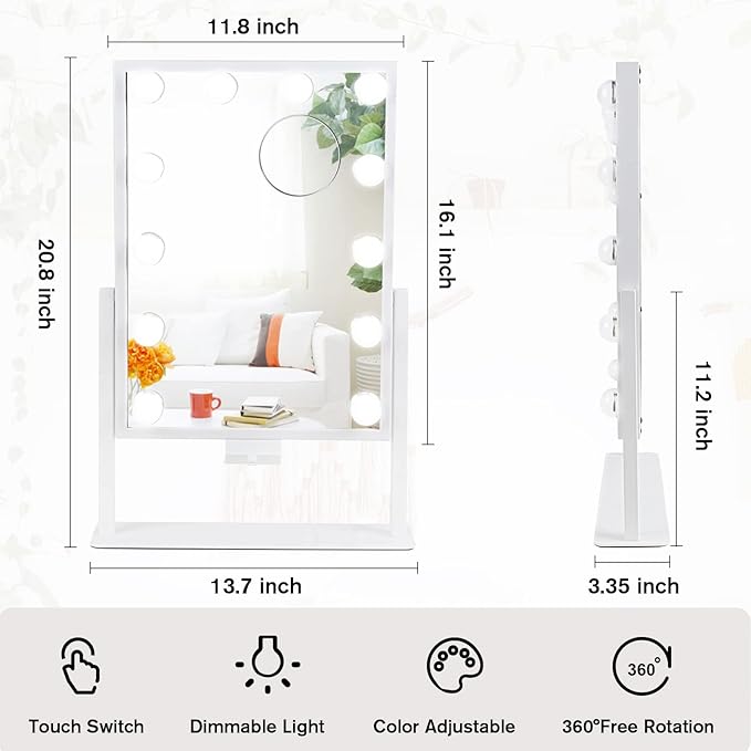 BWLLNI Vanity Mirror with Lights, Hollywood Lighted Makeup Mirror with Phone Holder, Smart Touch Control, 3 Color Lighting Modes, Detachable 10X Magnification, 360°Rotation(White)