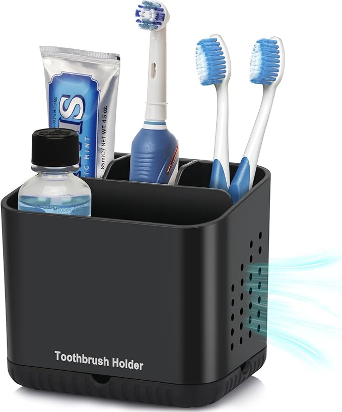 PARKMANI Black Toothbrush Holders for Bathrooms, Kids Electric Toothbrush and Toothpaste Holder, 4 Slots Tooth Brush Holder for Bathroom Countertop Organizer (Black)