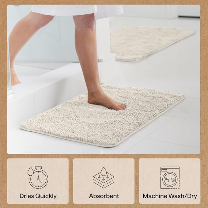 GORILLA GRIP Bath Rug Mat 48x24, Soft Absorbent Chenille, Quick Dry Microfiber Mats, Rubber Backing Washable Shower Floor Rugs, Bathmat Runner, US Designed Bathroom Home Decor Accessories Ivory Cream