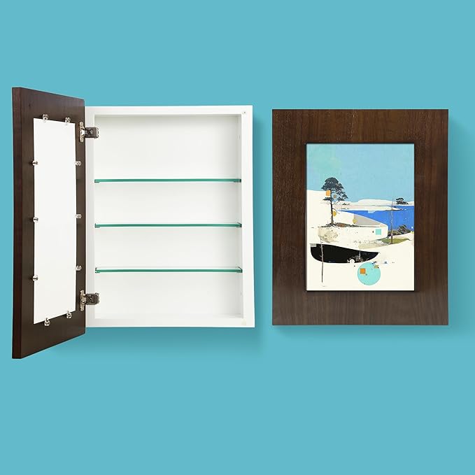 Concealed Medicine Cabinet 14×18 Recessed, Picture Frame Medicine Cabinet, Farmhouse White Wood Frame, 2 Shelves, 100% Handmade, Fully Assembled Wall Niche Insert for Bathroom (Espresso)