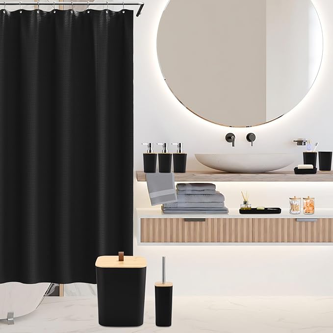XLHOMO Bathroom Sets with Shower Curtain and Rugs, 27PCS Black Bathroom Accessories Set with Trash Can, Black Shower Curtain Set, No Slip Super Absorbent Bathroom Rugs