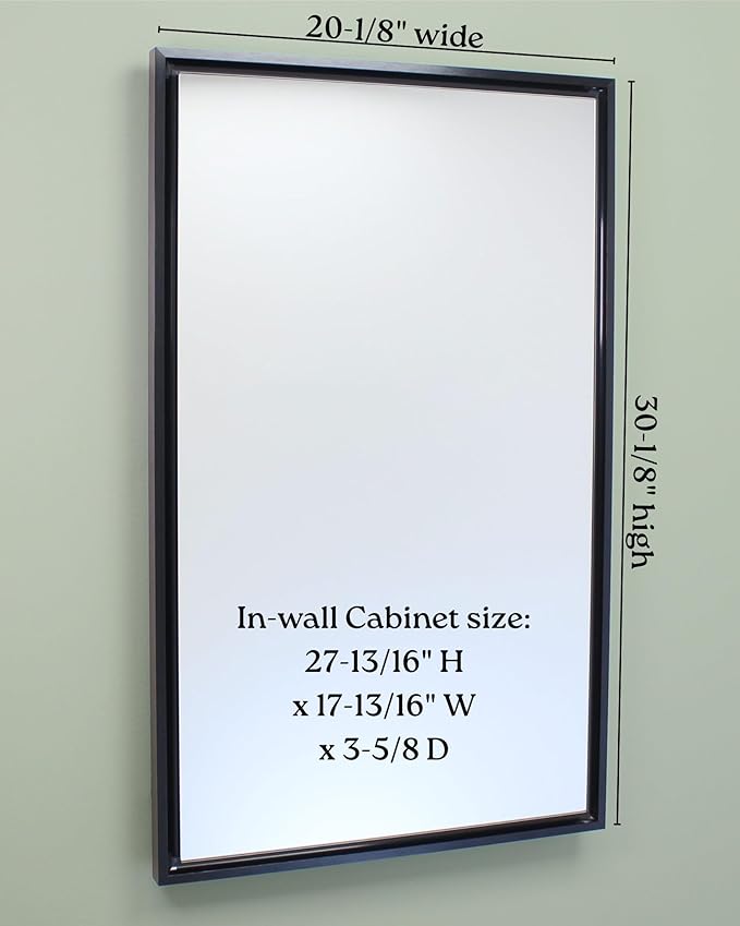 Fox Hollow Furnishings 20x30 Parker Metro Metal Framed Rectangle Recessed Bathroom Medicine Cabinet, Floating Mirror, 18x28 in-Wall Opening, Steel, Adjustable Glass Shelves, Magnet Close, Black