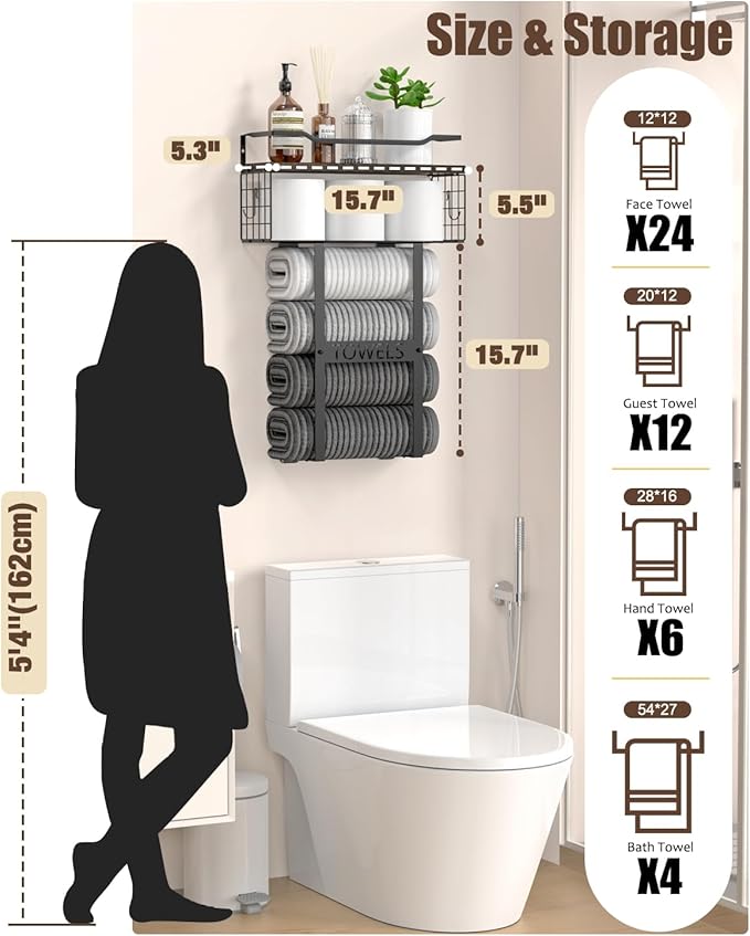 Rustic Brown Wood Vertical Towel Rack - Bath Wall Holder Set Above Toilet Storage, Rolled Towel Shelf Organizer for Small Bathrooms