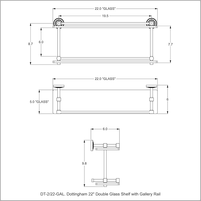 Allied Brass DT-2/22-GAL-SGL Dottingham 22 Inch Double Glass Shelf with Gallery Rail, Spanish Gold