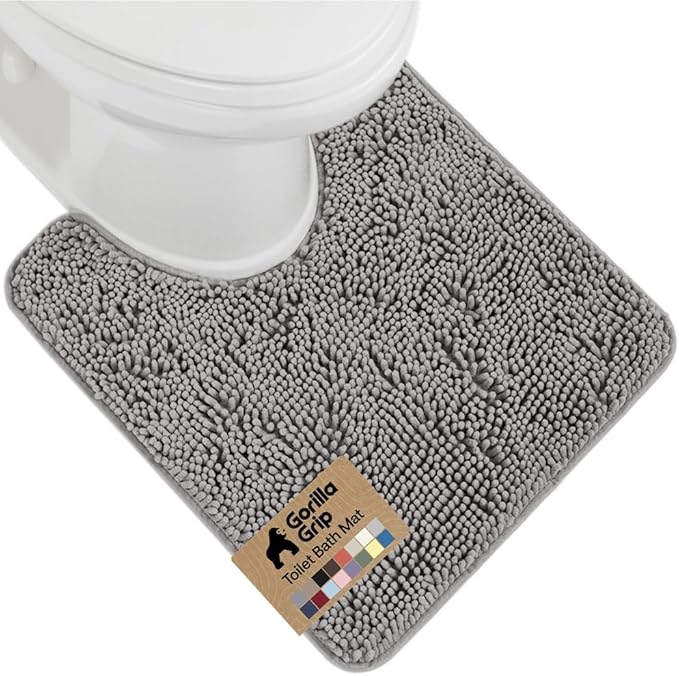 GORILLA GRIP Plush Absorbent Shaggy Chenille Bath Rug Mat for Oval Toilet Base with Rubber Backing, Machine Washable Rugs, Soft Microfiber Contour Mats for Toilets, Quick Dry, Bathroom Decor, Grey