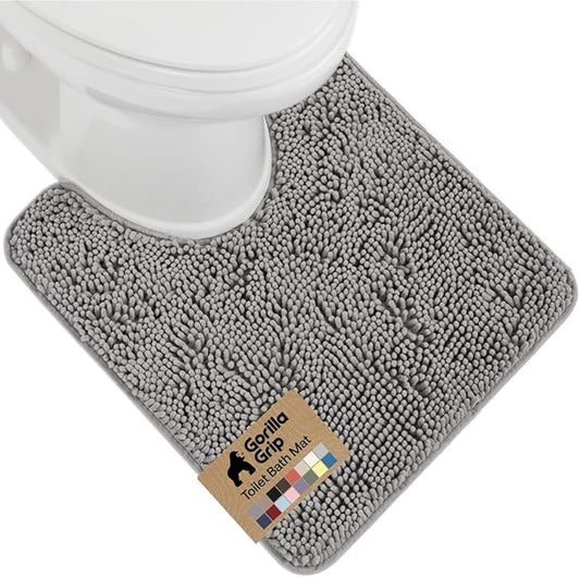 GORILLA GRIP Plush Absorbent Shaggy Chenille Bath Rug Mat for Oval Toilet Base with Rubber Backing, Machine Washable Rugs, Soft Microfiber Contour Mats for Toilets, Quick Dry, Bathroom Decor, Grey
