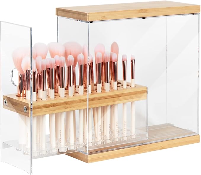 JACKCUBE DESIGN Bamboo Makeup Brush Holder Organizer With Transparent Drawer - 29 Holes Beauty Cosmetic Display Stand (8.77 x 3.38 x 8.46 Inches) - MK228C