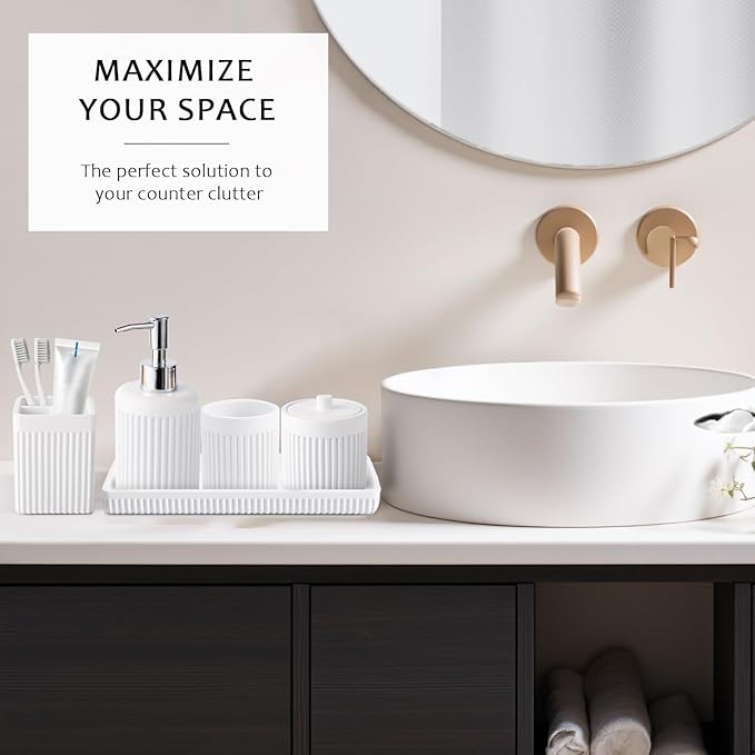 XLHOMO White Bathroom Sets with Shower Curtain and Rugs, 8-Piece Resin Bathroom Accessories Sets Complete with Soap Dispenser, Toothbrush Holder, Tumbler, Tray & Cotton Swab Jars Bathroom Essentials