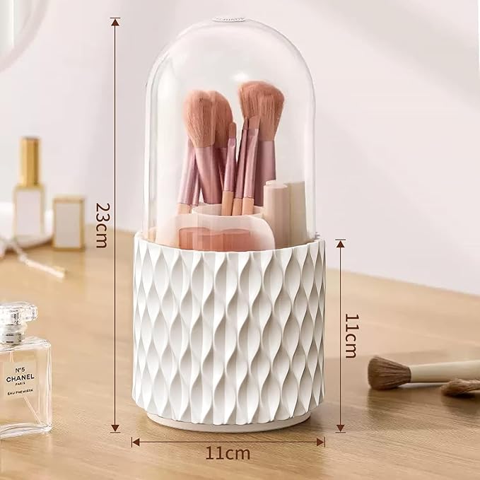 Makeup Brush Holder 360 Rotating Make up Organiser with Dustproof Lid???Acrylic Make up Brush Holder for Lipstick, Lip Gloss, Eyeliner, Bedroom, Bathroom (White)