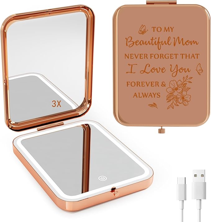 Mom Gifts from Daughter Son, Personalized Compact Mirror with Light, Sentimental Mothers Day Birthday Gifts for Mom, Unique Present for Mother Parents, 1X/3X Magnification LED Pocket Mirror
