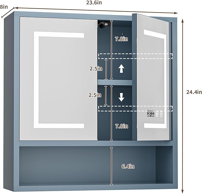 Bathroom Medicine Cabinet with Mirror, Lighted Storage Cabinet Wall Mounted with Doors & Adjustable Wood Shelf, Modern Bathroom Mirror with LED Lights Defogger for Makeup Laundry/Living Room, Grey