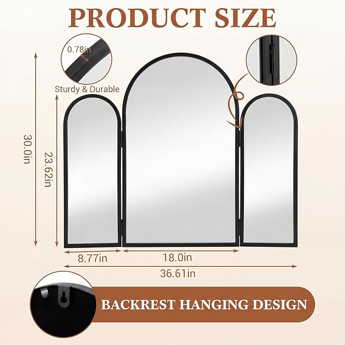 Wonderjune Trifold Vanity Mirrors 3 Way, 30 x 37 in Adjustable Arch Trifold Mirror for Bathroom Bedroom, Decorative Folding 3 Sided Mirror Wall Mounted for Braiding Hair Makeup (Black)