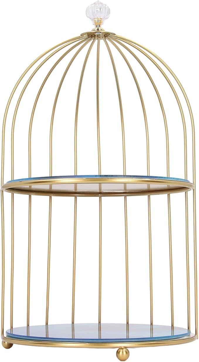Double Layer Storage Shelf Bird Cage Organizer Display Rack for Bathroom Countertop Dressing Table Gold Frame (Agate Stone Pattern)