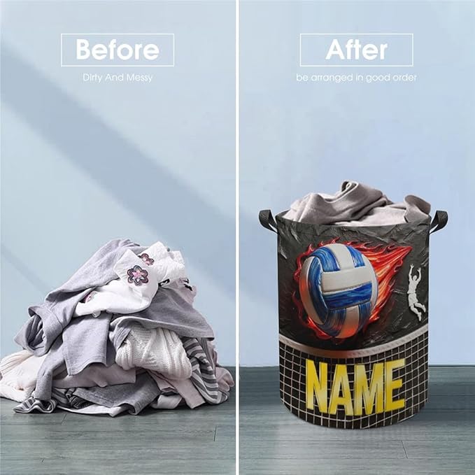 Personalized Volleyball Laundry Hamper Custom Name Funny Dirty Clothes Laundry Basket Portable Storage Basket For Home Bathroom Family Volleyball Lovers Xmas Birthday (style 17)