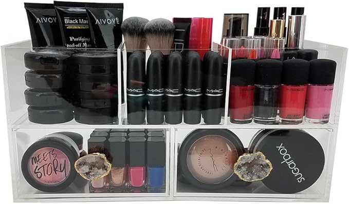 OnDisplay Andrea Deluxe Acrylic Cosmetic/Jewelry Organization Station w/Geode knobs - Natural/Gold