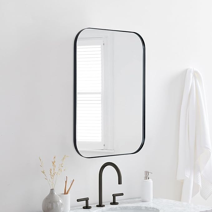 TEHOME Black Rectangle Bathroom Medicine Cabinet with Mirror Matt Black Recessed and Surface Mount Stainless Steel Metal Framed Rounded Rectangular Bathroom Cabinet with Mirror 22x30''