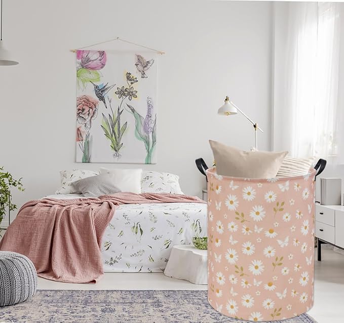 Pink Daisy Kids Laundry Basket Baby Hamper Daisy Toy Storage Bin for Boys Room Decor Baby Nursery Hamper Gift Baskets for Bedroom Bathroom(Pink Daisy)