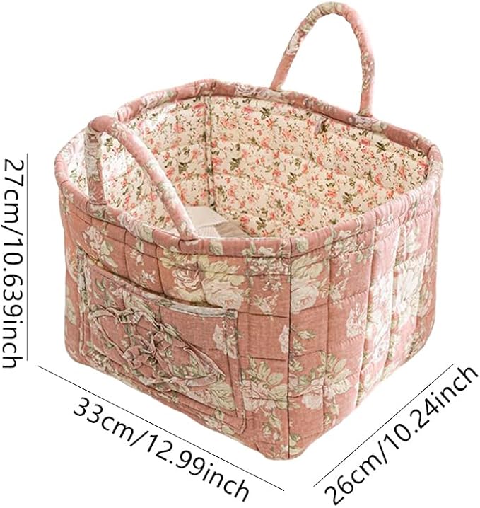 Quilted Fabric Storage Basket Boho Floral Laundry Hamper with Handle Foldable Floral Basket Organizer for Car Bedroom