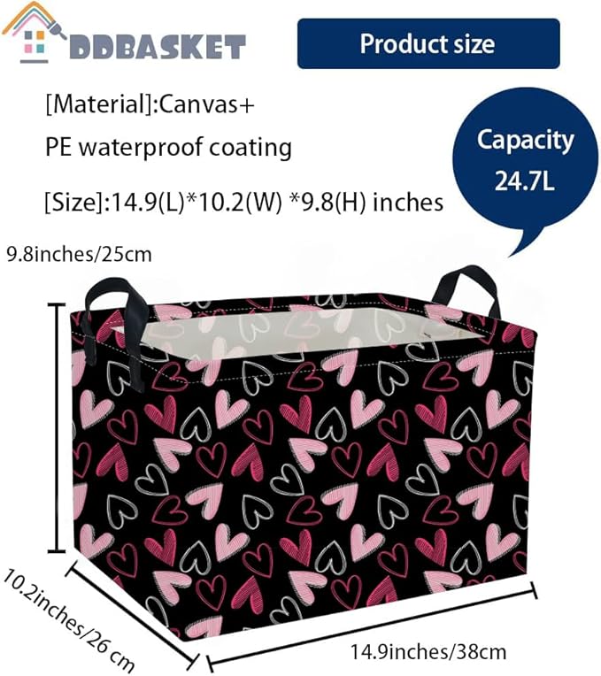 Rectangular Kids Basket,Heart Basket,Kids Storage Bin Baby Toy Organizer Box Love Room Decor(Black heart )