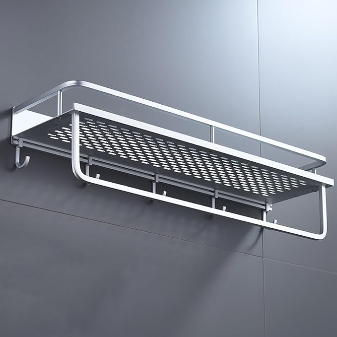 Space Aluminum Bathroom Shelf, Wall Mounted Storage Rack, Wall Storage Rack, Skeletonized Design with Hooks and Crossbars, Suitable for Washroom, Kitchen, Student Dormitory(30 * 14 * 13cm)