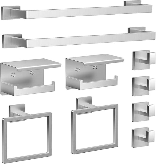 Brushed Nickel Bathroom Accessories Set, 10-Piece Stainless Steel Bathroom Accessories with Double 24" Towel Bars, 2X Toilet Paper Holders with Shelves, 4X Towel Hooks, 2X Towel Rings