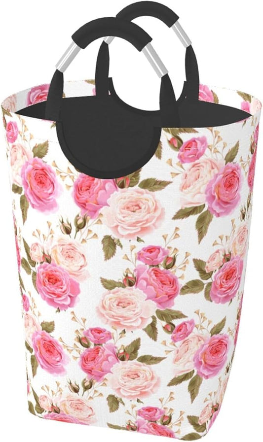 Floral Laundry Basket Flower Rose Laundry Hamper Pink Collapsible Baskets with Handle Dirty Clothes Bag Hamper for Dorm Family Bathroom Decor Storage 50L