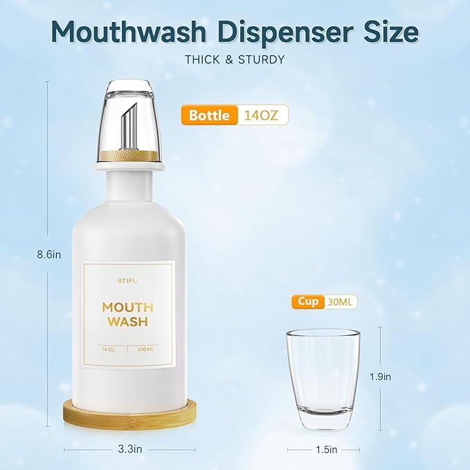 White Glass Mouthwash Dispenser for Bathroom Countertop – 14oz/410ml Refillable Mouthwash Container with Glass Cup & Bamboo Tray, Modern Bathroom Decor for Home, Vacation Rentals, Gym (White)