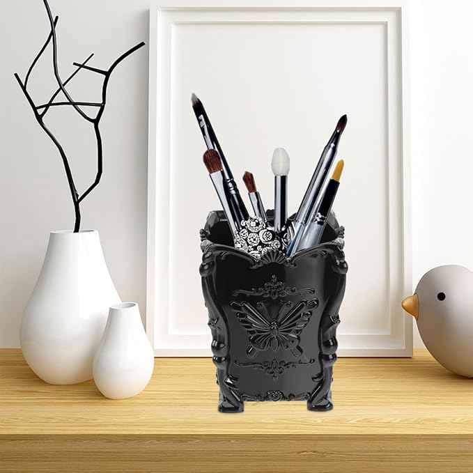 FRCOLOR Acrylic Makeup Brush Pot Cosmetic Brush Holder Organizer Butterfly Decor Pencil Pen Container Black
