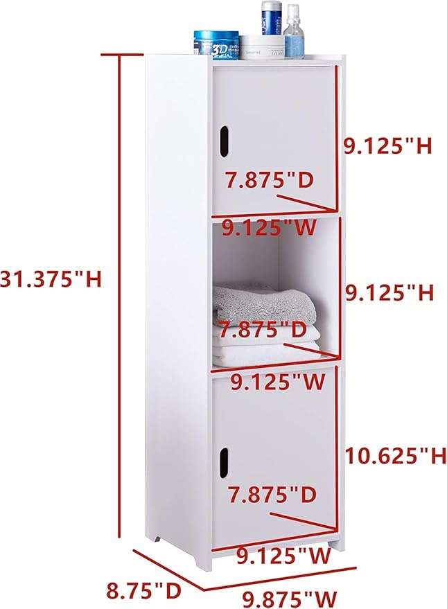KB Designs - White Bathroom Floor Storage Cabinet, Open Shelve with Doors