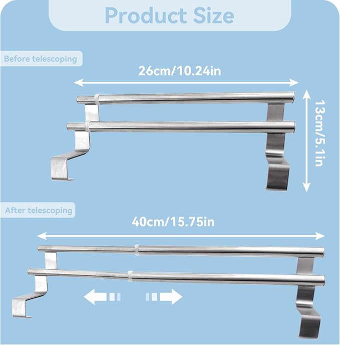 Kitchen Retractable Towel Holder, Stainless Steel Adjustable Double Over Cabinet Door Drying Kitchen Towels Hanger Bar Rack for Homes, Apartments, Condos Bathroom or Kitchen