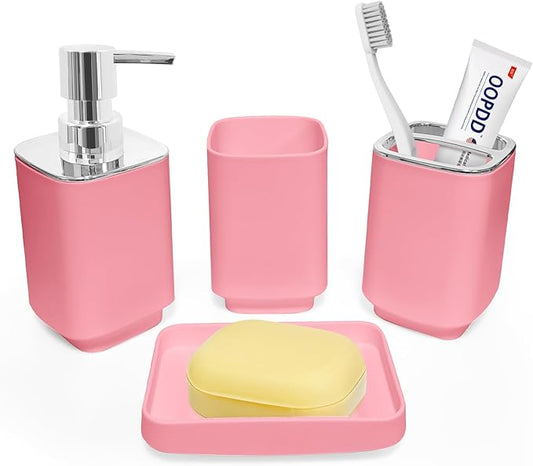 4 Piece Bathroom Accessory Sets, Light Pink Bathroom Accessories Sets Include Toothbrush Holders Set, Soap Dispenser, Soap Dish and Toothbrush Cup, Modern Bathroom Decoration
