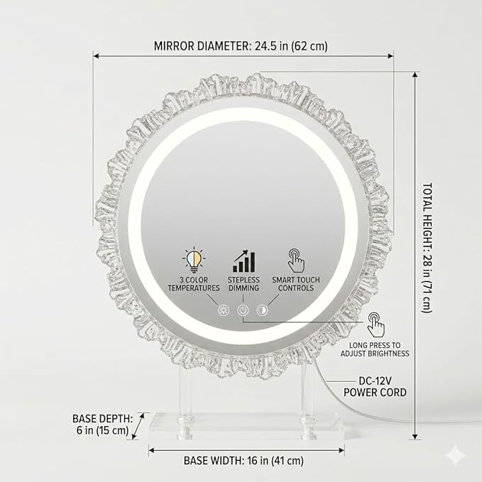 16" Hollywood Round Vanity Mirror with Lights, 3-Color LED Light Modes, Dimmable Makeup Mirror with Smart Tap Panel, 360° Rotating Lighted Mirror for Dressing Table