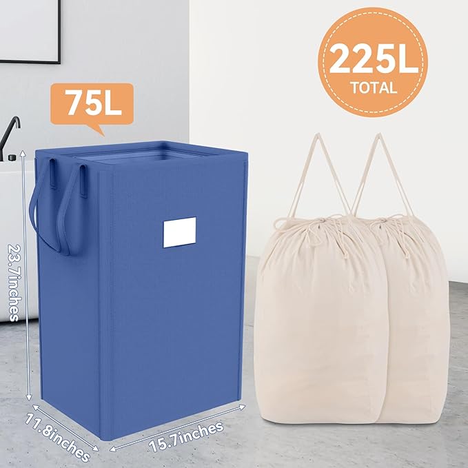 MCleanPin 225L Large Laundry Hamper Collapsible with 2 Washable Laundry Bags, Dirty Clothes Hamper, Laundry Basket with Handles Foldable Laundry Basket for Dorm College(Navy Blue)