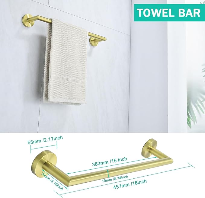 Brushed Gold Bathroom Hardware Accessories Set 4 Pieces Bath Towel Bar Set with 18 Inch Towel Bar,Toilet Paper Holder,Towel Hooks,SUS 304 Stainless Steel Wall Mounted Bathroom Towel Rack Set