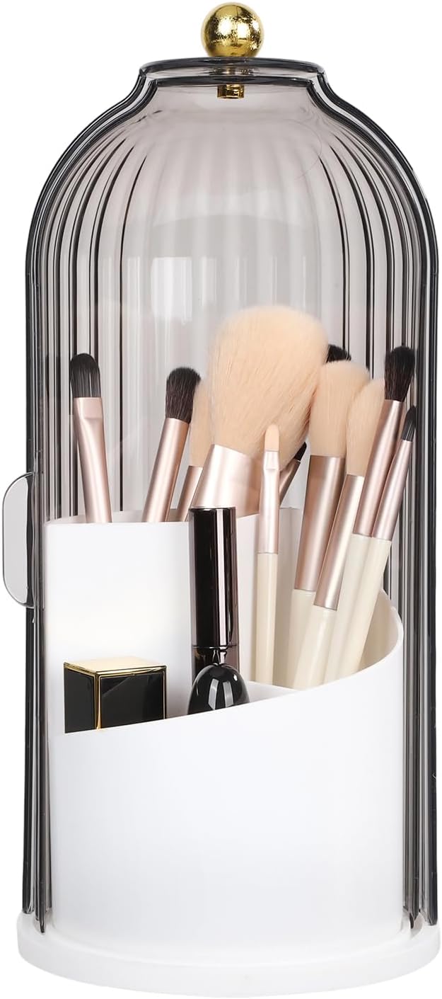 3 Tier Makeup Organizer with Clear Lid - 360° Rotating Protective Vanity Brush Holder for Bathroom Countertop Gray