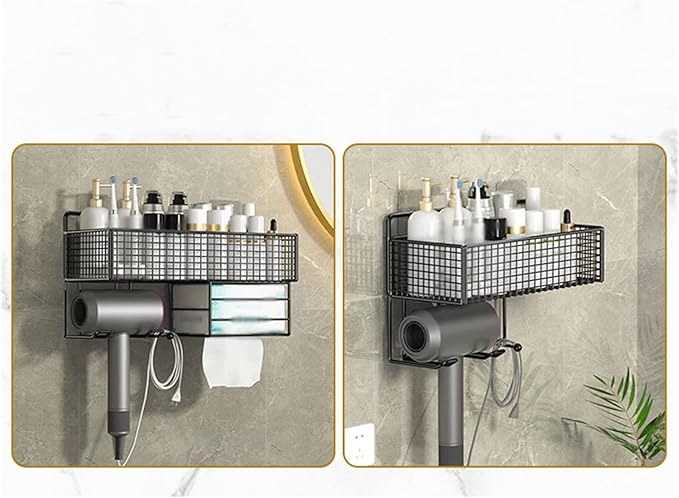 Bathroom Shelves Toilet Storage Rack Single Layer Metal toiletries Storage Rack with hairdryer Rack Wall Mounted Metal Seasoning Storage Rack No Punching Wall Mounted Shelf(Black)