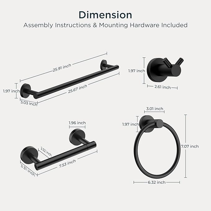 FORIOUS Bathroom Hardware Accessories Set, SUS304 Stainless Steel Towel Bar Set, Modern Towel Racks Holder for Bathroom, Toilet Paper Holder Wall Mounted 4 Pieces(24" Bar, Matte Black)