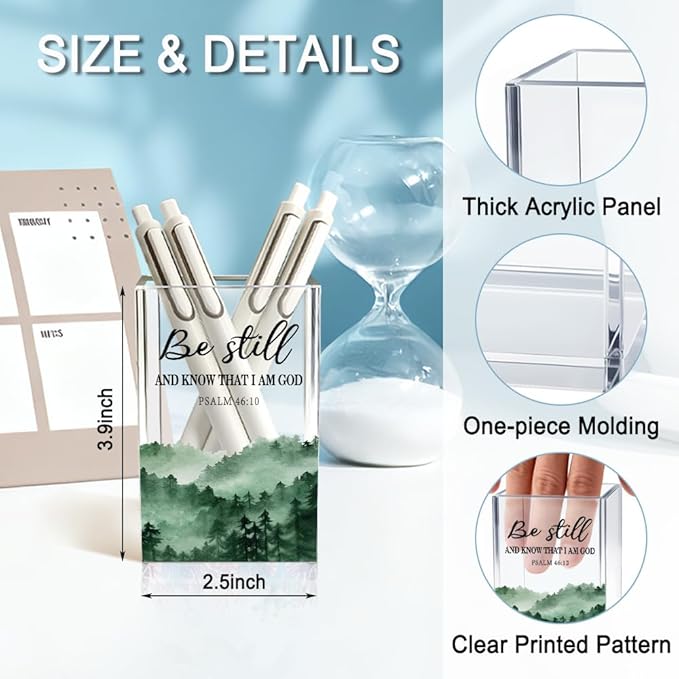 Be Still And Know That I Am God Acrylic Pencil Holder Cup, Christian Pen Holder for Desk, Christian Gifts for Women Girls, Bible Verses Clear Cosmetic Holder for Home Office Desk Accessories