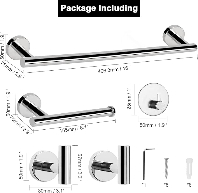 NearMoon Bathroom Hardware Set SUS 304 Thicken Stainless Steel-Towel Bar Set Include 16" Towel Rod, Toilet Paper Holder, Multifunctional Hooks Bathroom Accessories (Chrome Finish, 5 Pcs)